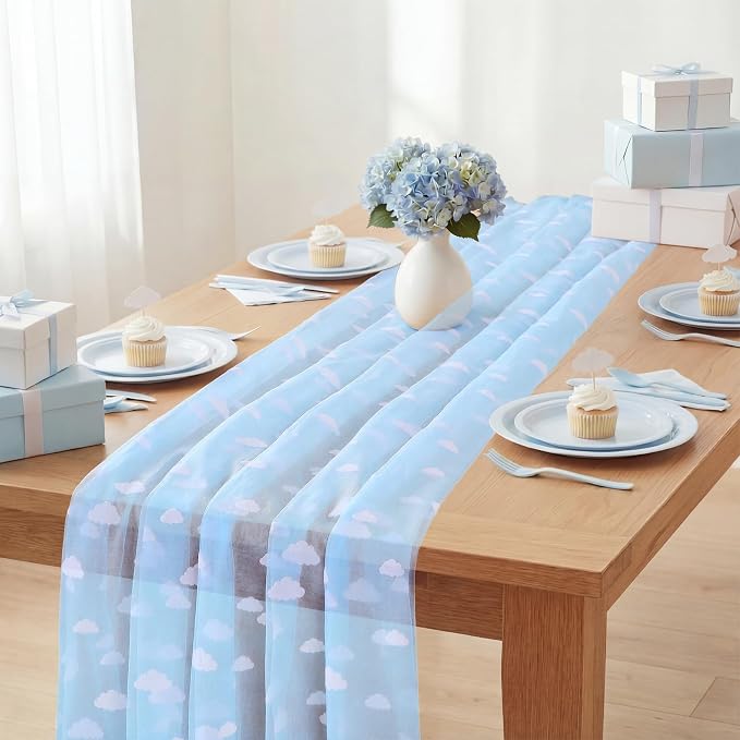 4 Pcs Blue Sky White Cloud Table Runner 29 X70 Inch Cartoon Tulle Table Runner - Image 4