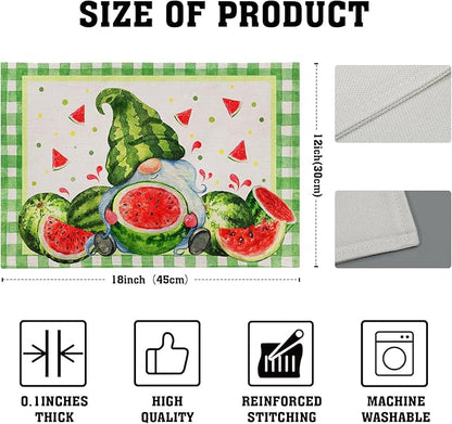 Watercolor Watermelon Gnomes Placemats Set of 4,Green Buffalo Check Plaid Rectangular Linen Kitchen Mats Summer Seasonal Place Mat 12 x 18 Inch for Kitchen Dining Table Decor