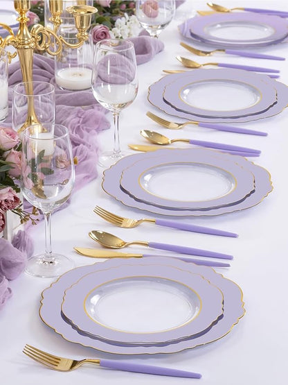 WDF 60pcs Clear Purple Plates Disposable with Gold Rim - Baroque Lavender Purple Plastic Plates for Party/Wedding/Spring Picnic