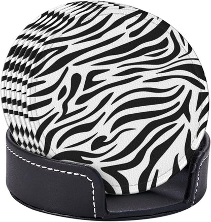 Drink Coasters with Holder Stand Set of 6, Zebra Stripes Print Pu Leather - Image 2