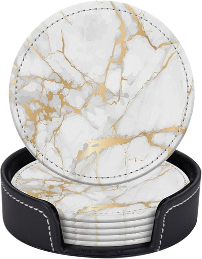 Coasters for Drinks PU Leather,Set of 6 with Holder,Round Housewarming Gift Home Decor,White and Golden Marble