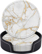 Coasters for Drinks PU Leather,Set of 6 with Holder,Round Housewarming Gift Home Decor,White and Golden Marble