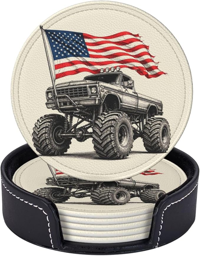 Patriotic Monster Truck Flag Art Leather Coasters Set of 6 by NeuKim