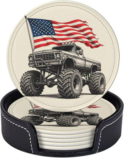 Patriotic Monster Truck Flag Art Leather Coasters Set of 6 by NeuKim