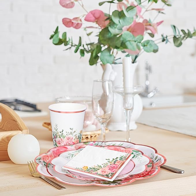 Whaline Floral Tableware Set Pink Flower Rose Gold Foil Disposable Party - Image 5