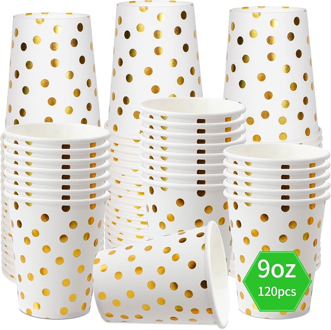120 Pack White And Gold Paper Cups-9 oz Disposable Paper Cups by Sveikie