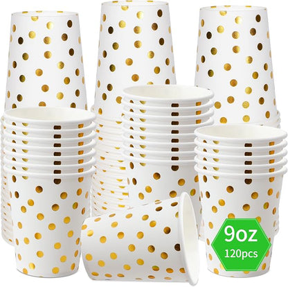 120 Pack White And Gold Paper Cups-9 oz Disposable Paper Cups by Sveikie