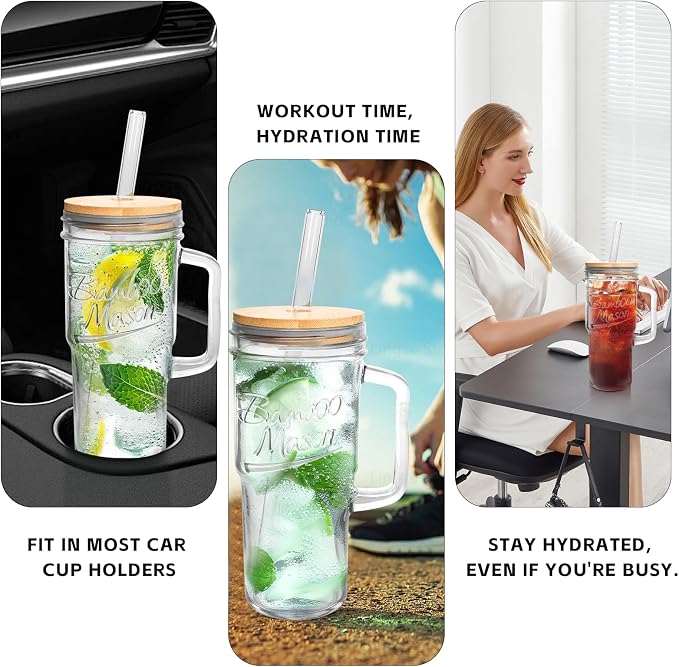 ANOTION Glass Cups with Lids and Straws - 24 oz Tumbler with Handle Christmas - Image 5