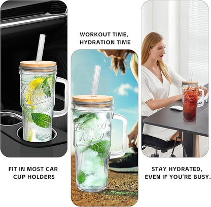 ANOTION Glass Cups with Lids and Straws - 24 oz Tumbler with Handle Christmas - Image 5