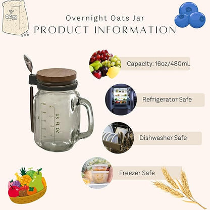 Kaya Commodities Modern Minimalist Overnight Oats Jars (2 Pack, 16 oz, BPA Free, Glass & Bamboo, Leakproof, Microwave & Freezer Safe)