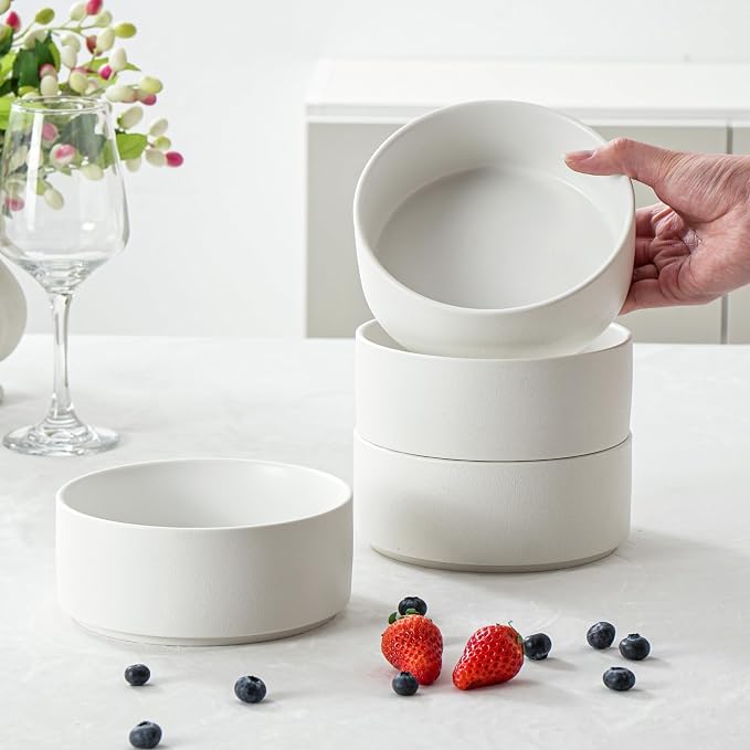 26 OZ Ceramic Cereal Bowls Set, 6 Inch, Modern White | Handcrafted, Dishwasher - Image 2
