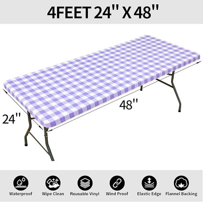 Smiry Rectangle Picnic Table Cloth, Elastic Waterproof Fitted Vinyl Tablecloths, Flannel Backed Buffalo Plaid Table Covers for Dining, Camping, Outdoor (White and Purple, 24" x 48")