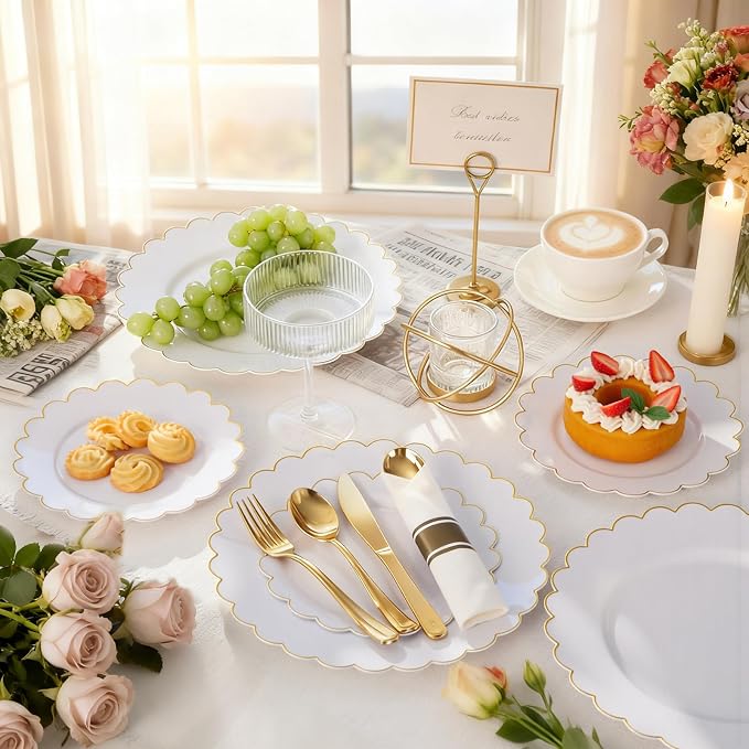 100Pcs White Gold Scalloped Plastic Dinner Plates Set - Image 3