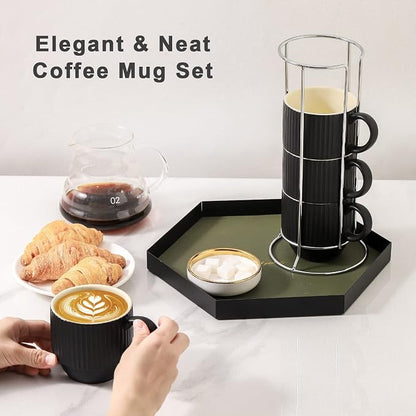 Hasense Black Coffee Mug Porcelain Set of 4 - 12 oz Stackable Coffee Cups - Image 2