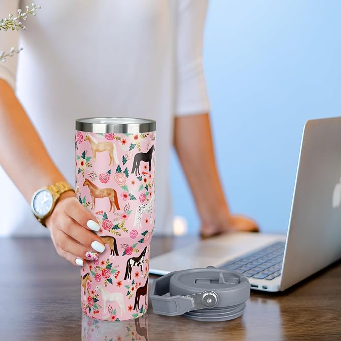 30 oz Pink Tumbler with Handle and Flip Straw, Vacuum Insulated Water Bottle - Image 5