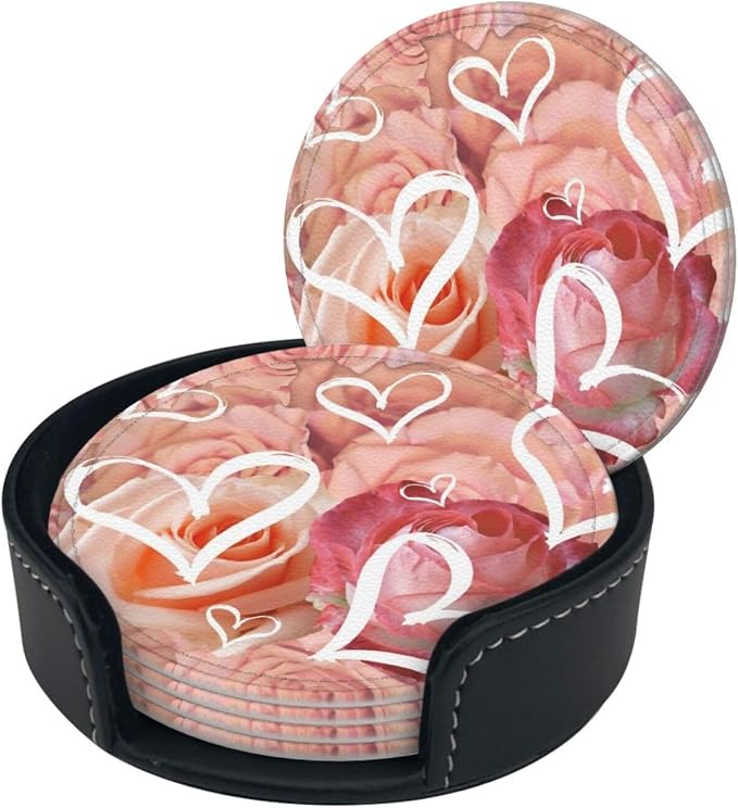 Drink Coasters with Holder Stand Set of 6, Heart Pink Rose Flower Pu Leather - Image 8