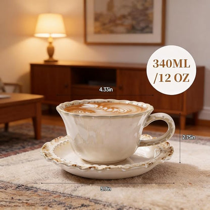 Vintage Porcelain Coffee Cup and Saucer Set, 12 OZ Ceramic Latte Mug - Image 3
