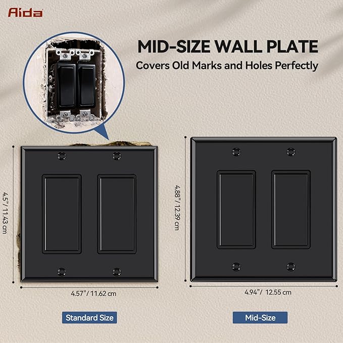 AIDA 2-Gang Decorative Wall Plates, 4.88" H x 4.94" L - Unbreakable Thermoplastic Faceplate Cover for Outlets and Switches, UL Listed - (4 Pack, Glossy Black)