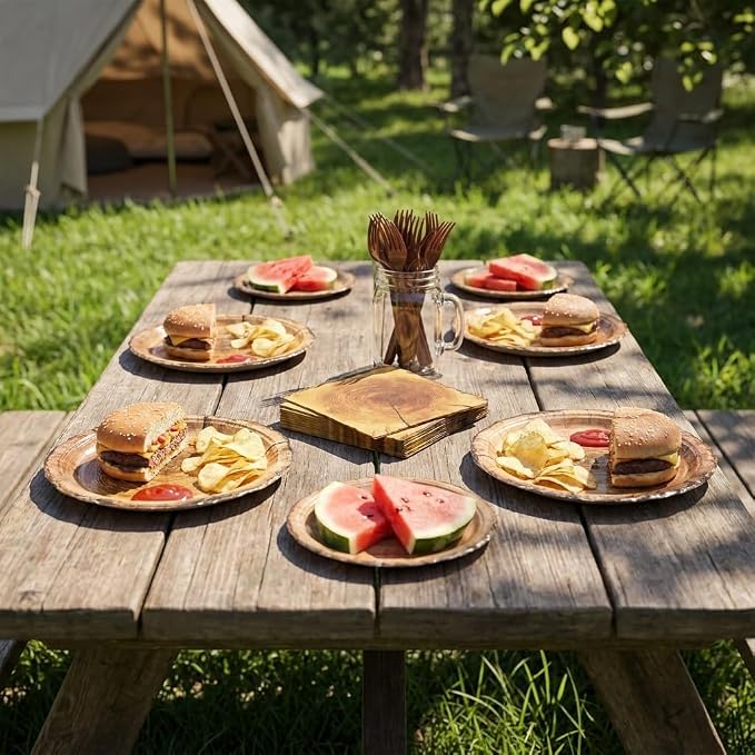 100 Pcs Disposable Rustic Wood Grain Slice Tableware Set - Image 5