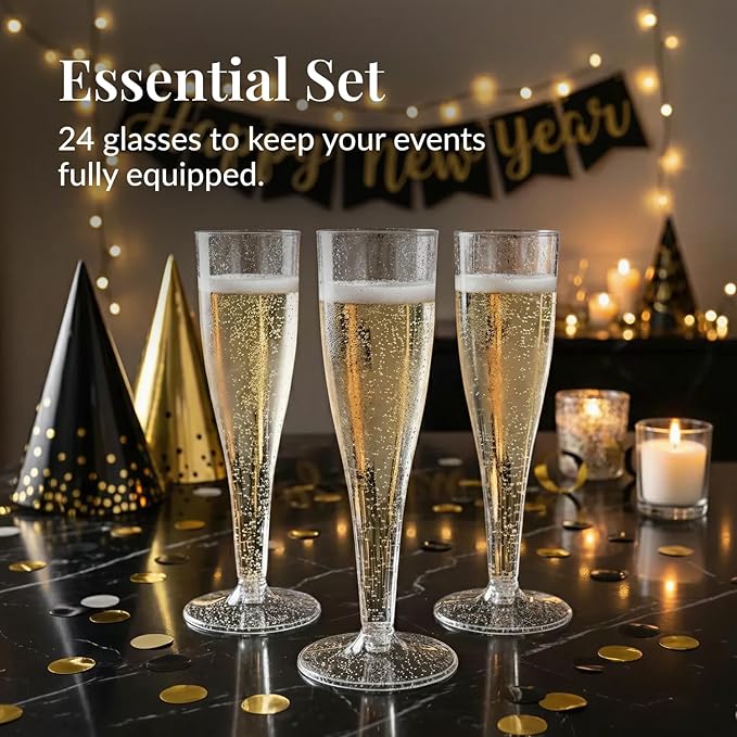 Prestee 24 Champagne Flutes Plastic - Disposable Flute - Silver Glitter Plastic Glasses for Parties - Mimosa Bar, Wedding, Shower Party, New Years Eve Party Supplies 2025 (Silver)