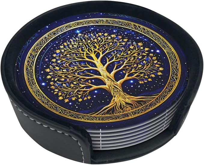 Drink Coasters with Holder Stand Set of 6, Tree of Life Gold Pu Leather - Image 6