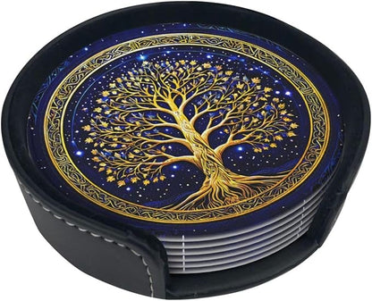 Drink Coasters with Holder Stand Set of 6, Tree of Life Gold Pu Leather - Image 6