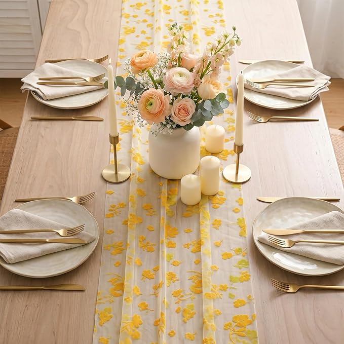Artoid Mode White Gauze Flocking Yellow Flowers Table Runner 10FT, Spring Sheer - Image 3