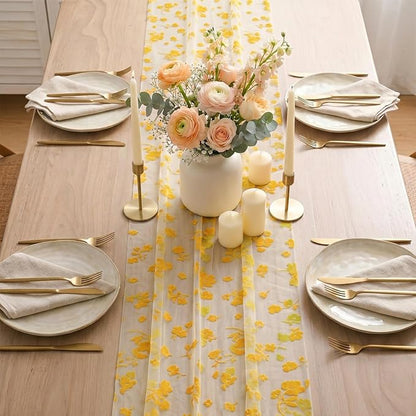 Artoid Mode White Gauze Flocking Yellow Flowers Table Runner 10FT, Spring Sheer - Image 3