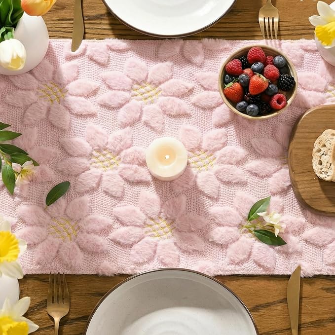 Artoid Mode Pink Soft Plush Faux Fur Jacquard Embroidery Sunflower Spring Table - Image 3