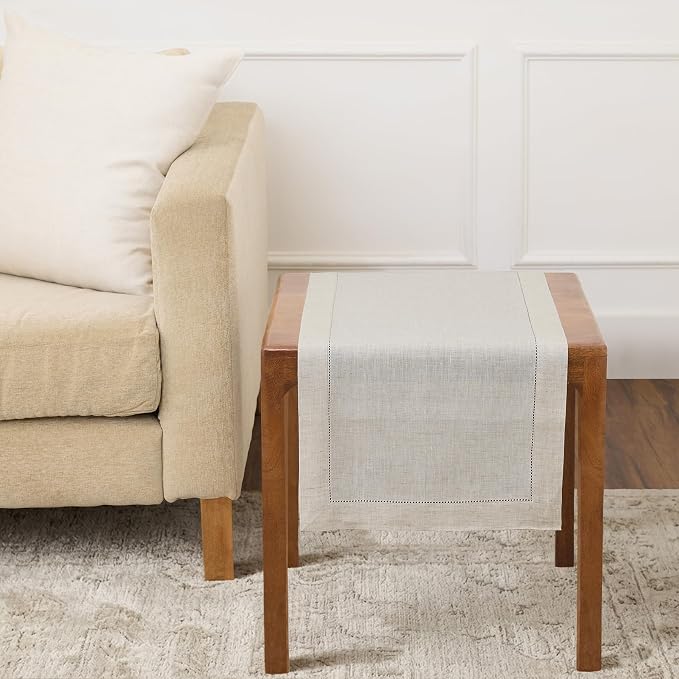 Solino Home 100% Linen Table Runner Natural, Classic Hemstitch 14 x 36 in | by SolinoHome