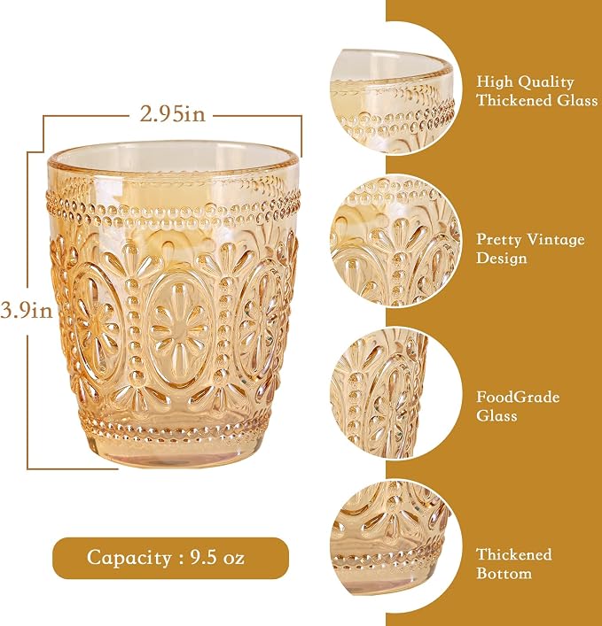 abrwyy Amber Glassware set of 4 Vintage Drinking Glasses, 9.5oz Amber Heavy - Image 3