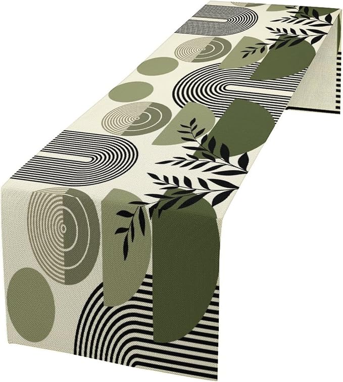 Boho Mid Centruy Table Runner Abstract Sage Green Tropical Leaves Sun Modern by moderw