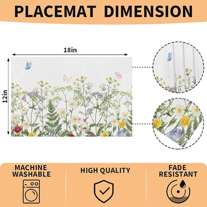Spring Wildflowers Placemats Set of 4, Washable Elegant Placemats, Non-Slip Table Rectangle Linen Place Mats for Kitchen Dining Party Home Indoor Table Decor, Forest Style Home Decoration