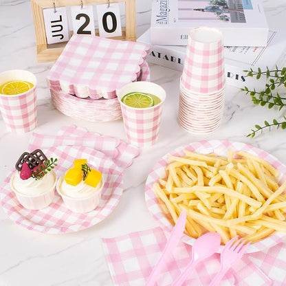 Vyntra 175 Pcs Pink & White Checkered Gingham Paper Plates and Napkins Set - Image 8