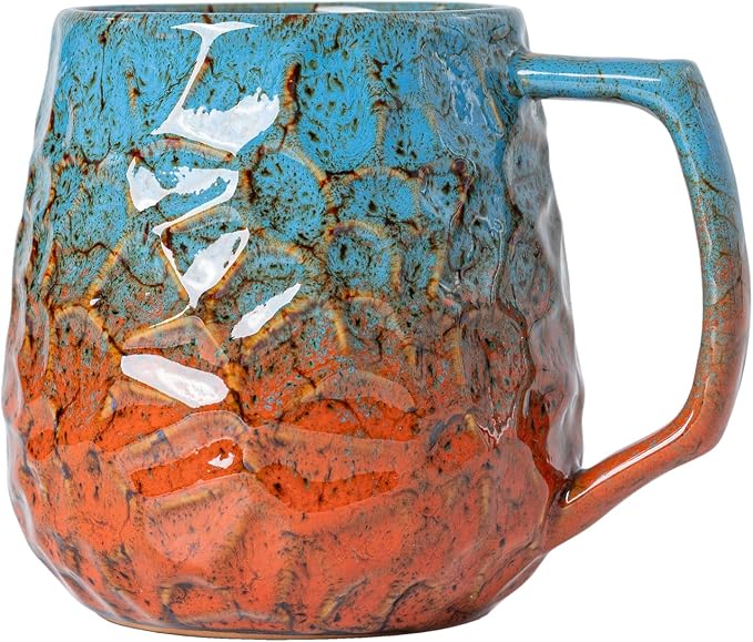 18oz Unique Blue & Orange Kiln-Change Ceramic Coffee Mug, Handcrafted Hammered by XIYUANJI