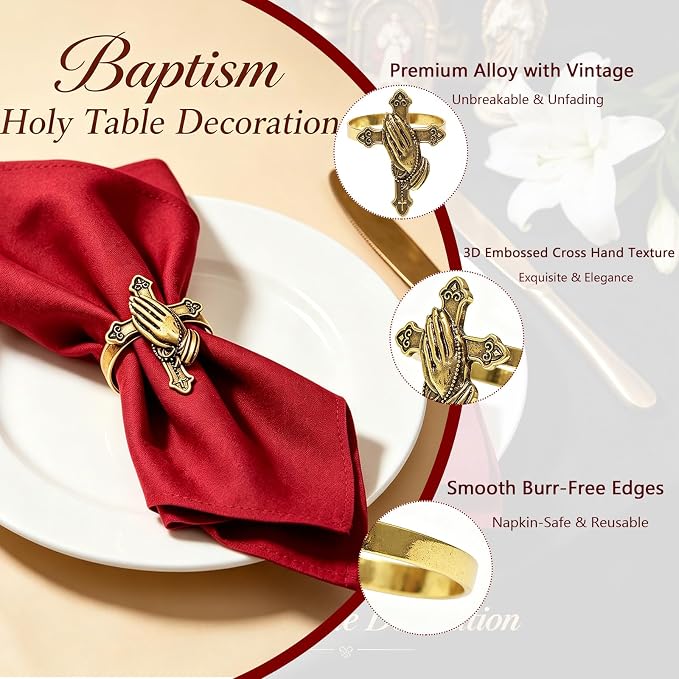 Cross Napkin Rings Set of 12 Antique Gold Praying Hands Napkin Holder - Image 5
