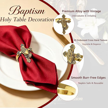 Cross Napkin Rings Set of 12 Antique Gold Praying Hands Napkin Holder - Image 5