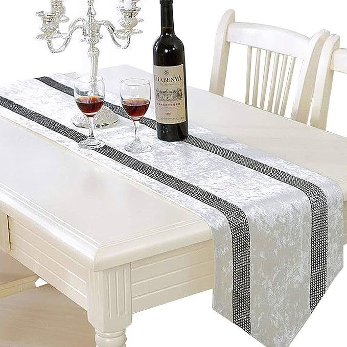 Elegant Creamy White Table Runner, Bling Rhinestone, Ombre Velvet, Dual Bling by Jiino