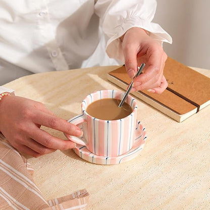 Hand-Painted Ceramic Coffee Mug and Saucer Set, 8 oz Artisan Striped Porcelain - Image 7