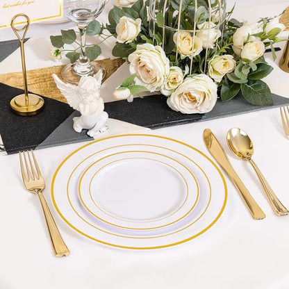 NOCCUR 200PCS Gold Plastic Plates - 100 Dinner / 100 Dessert Disposable Plates Heavy Duty - Ideal for Wedding/Party/New Year
