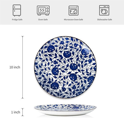 Selamica 10 Inch Kitchen Serving Plates, Large Dessert Plates Ceramic for Salad Pasta Steak, Microwave Dishwasher Safe, Set of 6, Blue