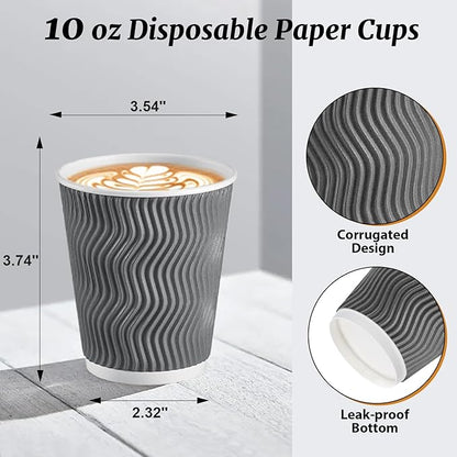 Coffee Cups 10 oz 120 Pack, Corrugated Insulated Ripple Wall Disposable Paper Coffee Cups 10oz, To Go for Hot Beverage or Cold Drinks Office/Home/Cafe/Party/Travel (Grey)