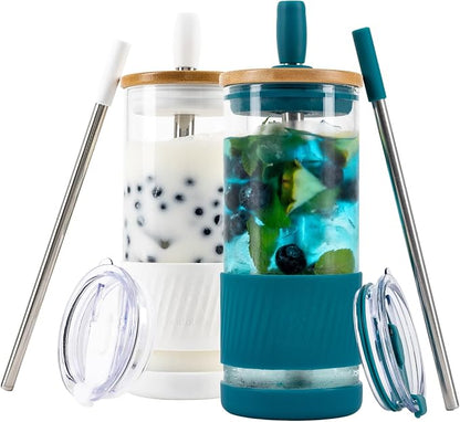 Pandaloo® Glass Cups With Lids and Straws -20 Fl Oz- Perfect Size Iced Coffee by Pandaloo