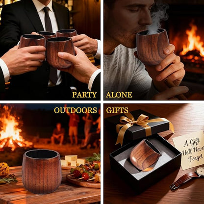 Original Wooden Bourbon Whiskey Glasses Set of 2, Handcrafted Charred Oak Wooden Bourbon Tumblers for Scotch, Unique Gifts for Men(2Pack)