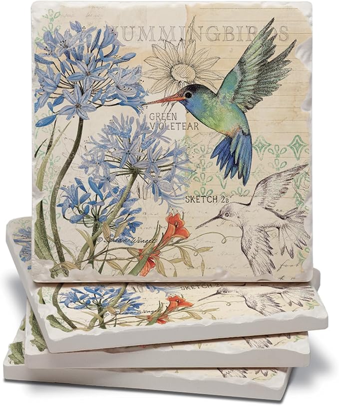 Thirstystone Hummingbird Study 4 Pack Tumbled Tile Stone Coasters | 4" Square by CounterArt