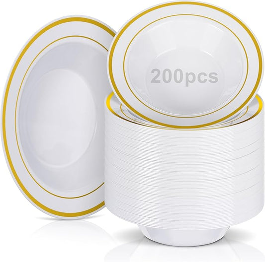 Jinei 200 Pieces 6 oz Plastic Bowls with Rim Small Disposable Soup Bowls for Dessert Salad Soup Candy Wedding Thanksgiving Catering Holidays Party Supplies (White,Gold Rim)