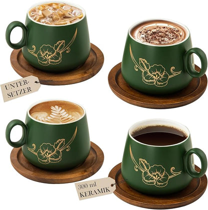 Yundu 10oz Cappuccino Cups & Wooden Saucers Set by YunduHome