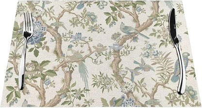 Chinoiserie Floral Place mats Set of 4, 12x18 Inches Green Blue Birds Flower Decorative Placemats Rectangle Floral Table Mats for Party Home Kitchen Dining Table Decoration