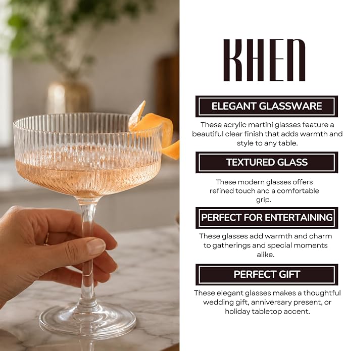 Khen Acrylic Ribbed Coupe Glasses, 8oz Clear Shatterproof Plastic Martini - Image 5