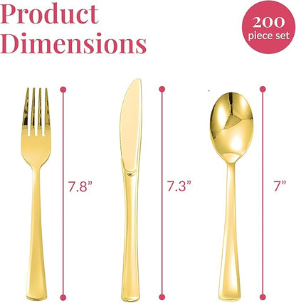 Prestee 200 Piece Gold Plastic Silverware Set for 50 Guests - Premium Pre Rolled Cutlery Set with Napkins - Elegant Disposable Silverware with Forks, Knives, and Spoons for Weddings and Thanksgiving
